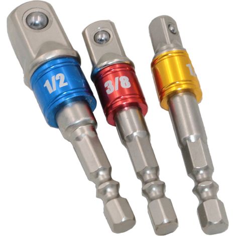 Set de 3 Adaptateurs Prise Carrée 1/4" 3/8" 1/2", Acier Chrome-Vanadium , Pour Perceuse Visseuse, Mandrin 6,4mm (1/5)