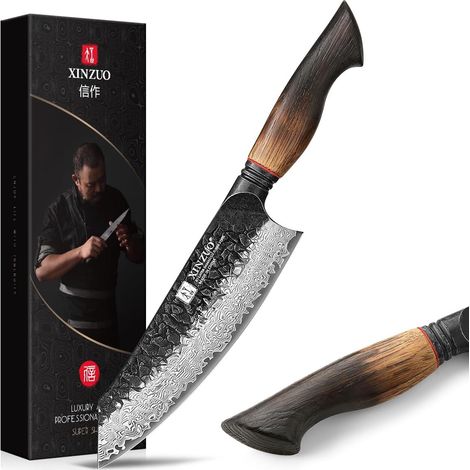 Damascus Steel 19.3 cm Santoku Knife - Hammered Finish Chef Kitchen Knife - Forged Sharp Blade - Ergonomic Handle in White Oak - Mo Series (1/5)
