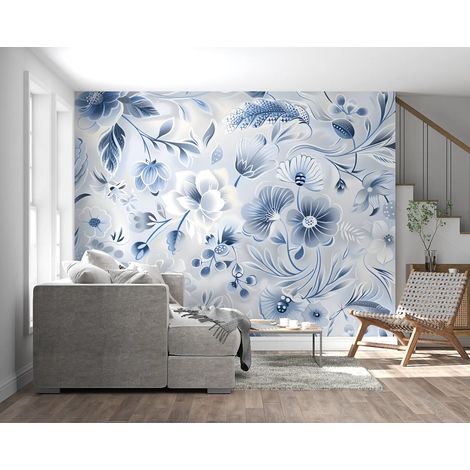 Papier peint floral fleurs bleutees 1 - 400 x 260 cm (1/2)