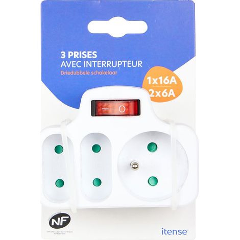 Multiprise électrique, Prise Multiple - Fiche Triplite - 3 Prises - 1 x 16A + 2 x 6A - avec Interrupteur - Multiprise Murale - Couleur: Blanc - Sécurité Enfant - Tension: 230V - Matière: PVC (1/4)
