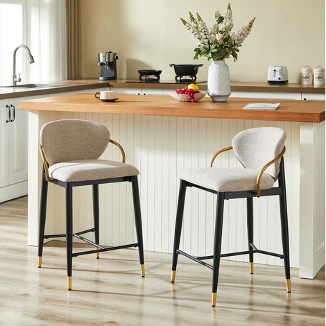 Lot de 2 tabourets de bar en chenille marron clair, pieds réglables 1 cm, noir et or DESVIAE (1/5)