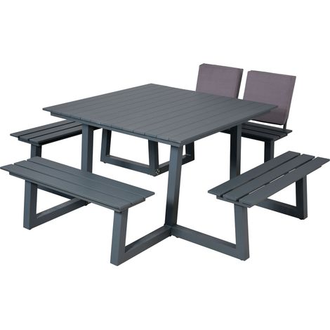 Inko Cebu Sitzgruppe Tisch mit 4 Bänken Aluminium graphit Picknickbank 218x230x87 cm