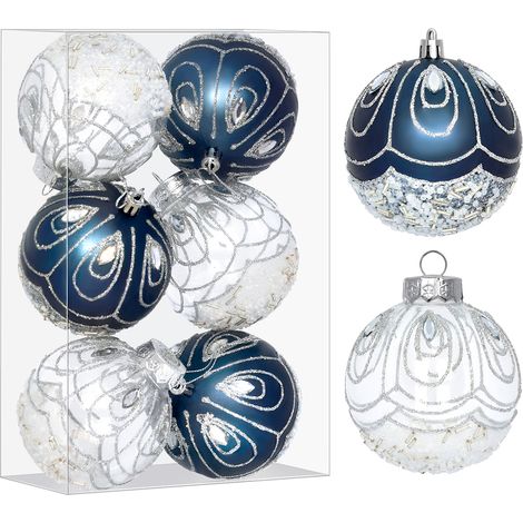 StarryLights Weihnachtskugel-Set: marineblaue und weiße Kugeln mit elegantem Glitzermuster (1/5)