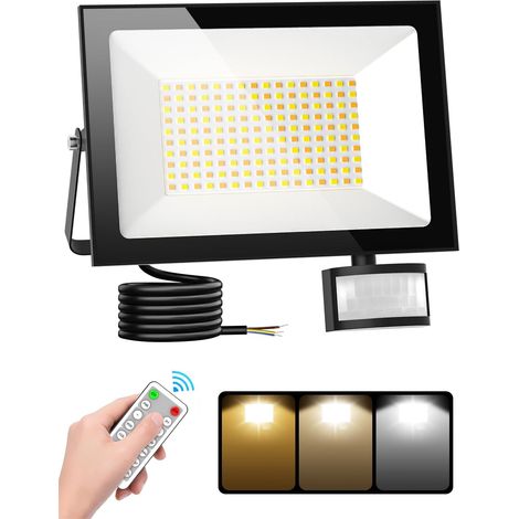 Projecteur LED d'extérieur 100 W avec détecteur de mouvement - 3000 K/4500 K/6500 K - Avec télécommande - Super lumineux 10 000 lm - Étanche IP66 - Pour garage, jardin, cour