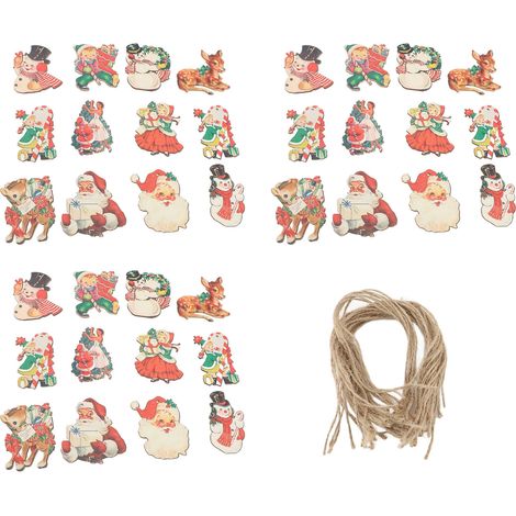 36 pièces ornements d'arbre de noël en bois suspendus décorations de cerf de bonhommes de neige mignons avec des cordes de chanvre pour décor de cheminée de fenêtre de fête à thème de vacances (1/5)
