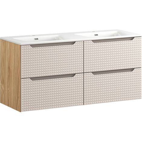 Doppelwaschtisch 121cm Mallory mit 2 Schubladen, Beige und Holzoptik