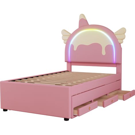 Letto bambino unicorno 90 x 200 cm con letto estraibile e cassetti, PU rosa, HOMVRA (1/5)