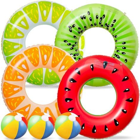 7 Pièces Fruit Flotteurs Gonflables de Piscine, 4 Pièces 75CM Anneaux de Natation en Forme de Fruit avec 3 Pièces 35CM Ballons de Plage pour Enfants Adultes Plage Natation Piscine Fête (1/5)