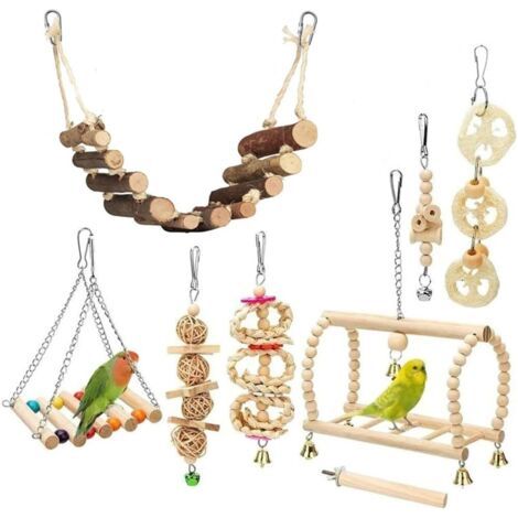 Lot de 8 Jouets pour Oiseaux - Jouet à Bascule - Cage à Oiseaux - Jouet à mâcher - Accessoire de Cage à Oiseaux - Plateforme en Bois pour perruches, calopsittes, aras, pinsons (1/5)
