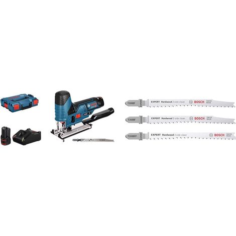 Scie Sauteuse GST 12V-70 2x3,0 Ah LB + Kit de 3x lames de scie sauteuse Expert 'Hardwood 2-Side Clean' (pour Comptoir de cuisine, Panneaux plastifiés, Longueur 117 mm, Accessoire Scie sauteuse)