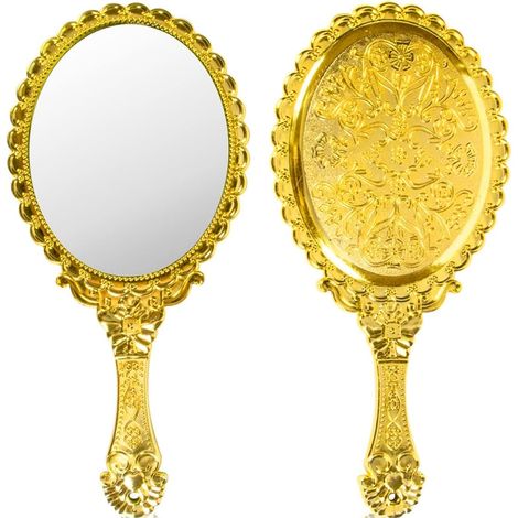 Retro-Handspiegel in Gold – 1 Stück – ABS-Kunststoff und Glas – Geprägtes Blumenmuster – Für Make-up und Reisen – 25,4 x 11,4 cm (1/5)