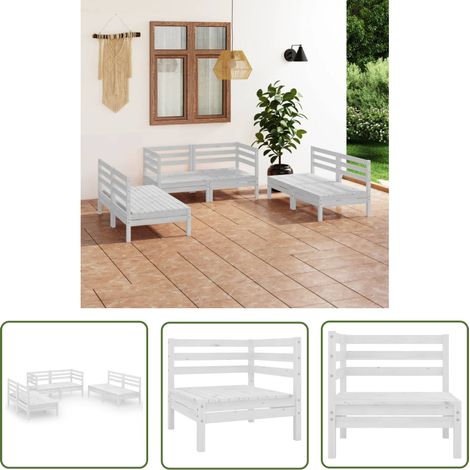 The Living Store Salon de jardin 6 pcs Blanc Bois de pin massif - Salon De Jardin - Mobilier De Jardin - Set De Salon De Jardin - Meubles En Bois - Chaise Longue (1/5)