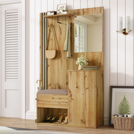 URBAN MEUBLE Vestiaire à l'entrée effet bois avec miroir, assise rangement chaussures et porte-parapluie 115x37x185cm