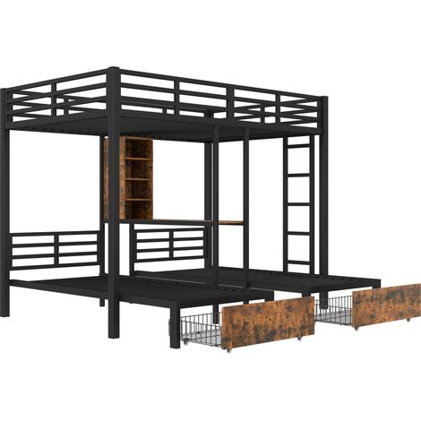 Letto a castello 3 posti 140 x 200 cm + 90 x 200 cm metallo e MDF nero HOMVRA (1/5)