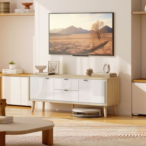 Mueble de TV Moderno de 2 Puertas 2 Cajones Orificios y Estantes Extraíbles 120x35x50 cm Blanco Brillo y Roble (1/5)