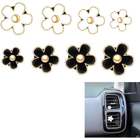 Paquete de 8 adornos florales para la rejilla de ventilación del coche, clips para el coche, 4 tamaños, blanco, negro (sin pastillas aromáticas) (1/5)