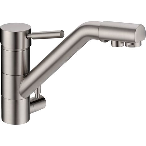 Robinet mitigeur 3 voies nickel brossé – Tuyau indépendant pour eau purifiée – Canne orientable 360° – Hauteur 213 mm – Waterconcept (1/5)