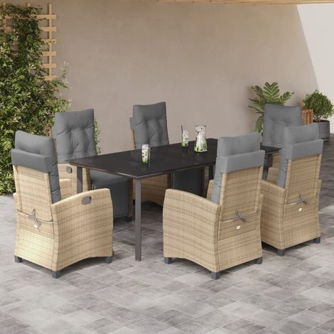 Salon de jardin 7 pièces, table et 6 fauteuils réglables, résine tressée, beige et noir - PANGIVO (1/5)