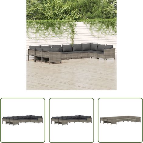 vidaXL Rattan -  10-tlg. Garten-Lounge-Set mit Kissen Grau Poly Rattan (1/5)