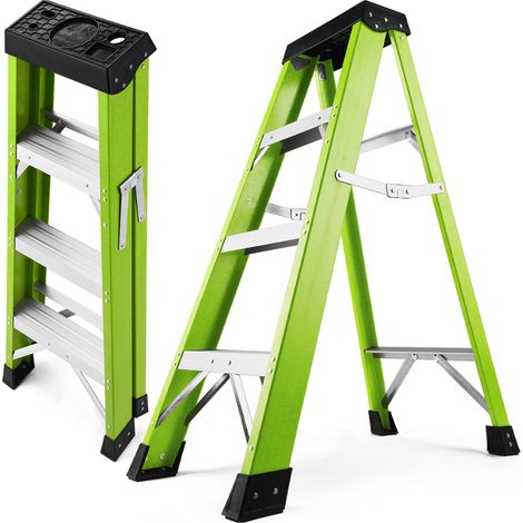 Escalera de tijera plegable de doble acceso de fibra de vidrio 3 peldaños 150 kg verde (1/5)