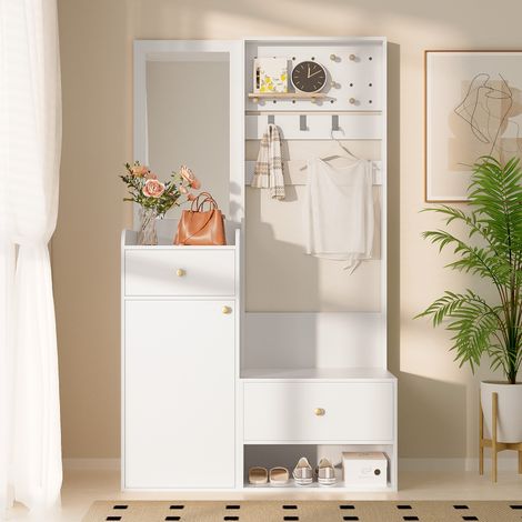 Set mobili da ingresso 180 cm - Mobile d'ingresso 4 in 1 con specchio, cassetti e ripiani, contenitore per scarpe con seduta imbottita, ganci regolabili, design moderno, Bianco (1/5)