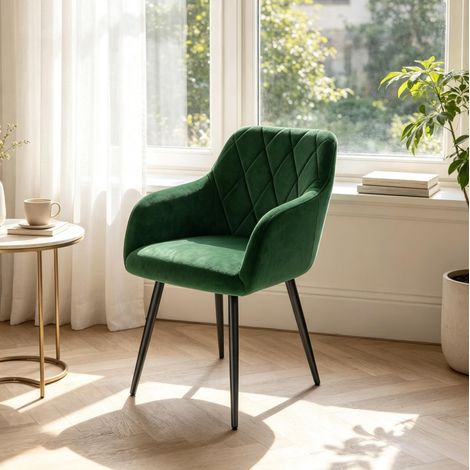 Sedia da pranzo imbottita in velluto verde scuro con braccioli e gambe in metallo OKWISH (1/5)