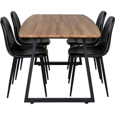 IncaNABL Essgruppe Esstisch Ausziehbarer Tisch Länge cm 160 / 200 El Holz dekor und 4 Polar Esszimmerstühle PU Kunstleder schwarz PU Kunstleder.