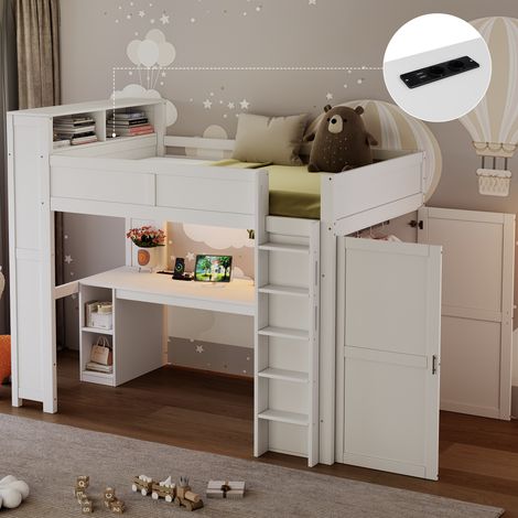 Lit mezzanine 90 x 200 cm, lit enfant surélevé, placard intégré, bureau intégré, étagères ouvertes, éclairage LED, échelle, bois massif, blanc (1/5)
