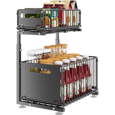 Organisateur de tiroir pour meuble sous évier - Organisateur de placard de cuisine - Organisateur de plan de travail - Étagère de rangement double couche - Métal - Antidérapant - Extensible - Noir - 3 (1/5)