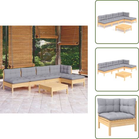 6-tlg. Garten-Lounge-Set mit Grauen Kissen Kiefernholz - Gartensessel - Lounge Set - Gartenmöbeln - Outdoor Möbel - Rattan Sessel (1/5)