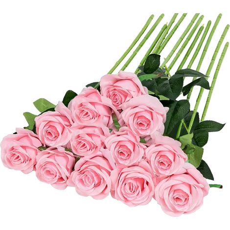 Lot de 12 roses artificielles en velours, fausses tiges longues, DXGHC-AquaForge (1/5)