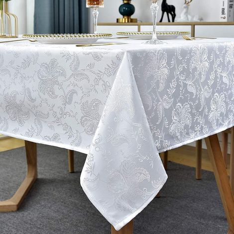 Nappe jacquard à motif floral damassé (blanche, rectangulaire/allongée, 130 x 180 cm, 4 à 6 couverts).