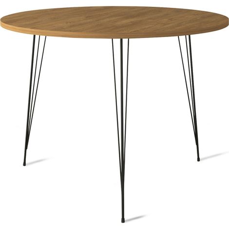 Table à manger ronde bois clair et pieds en forme d'épingles acier noir Kizone 90cm (1/5)