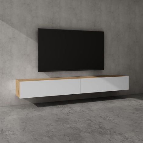 doporro Mobile Porta TV Sospeso 240 cm con 2 Ante Marrone Chiaro e Bianco Opaco, Credenza Bassa da Soggiorno Salotto, Madia Consolle Bicolore per TV Fernsehschrank02