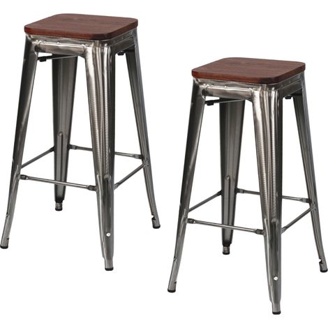 2er-Pack stapelbare Industriehocker (mittelgroß) aus Stahl und Holz, 43 x 43 x 76 cm, Thinia Home