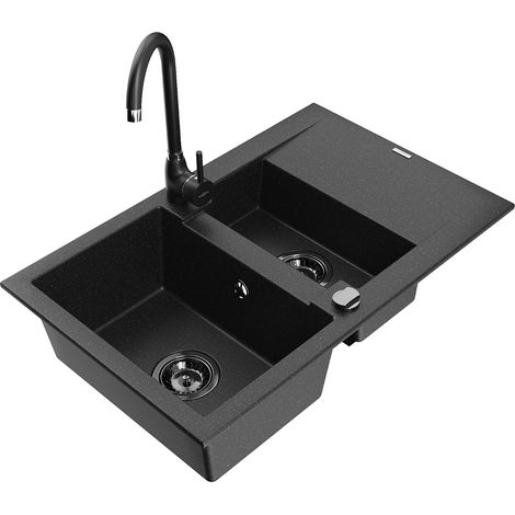 Mexen Gaspar lavello in granito 1,5 vasche con scolapiatti e rubinetto da cucina Telma, nero/argento - 6507-73-670200-70-B (1/5)