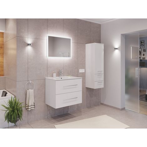 Badmöbel Set Firenze 70 3tlg. LED Spiegel und Seitenschrank weiß hochglanz