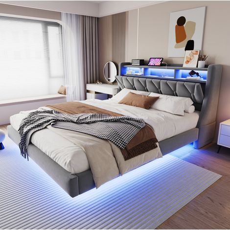 Cama tapizada 180x200 cm gris, MDF y terciopelo con cabecero con almacenaje (1/5)
