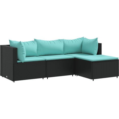 Salon de jardin 4 pcs Mobilier de jardin avec coussins Noir Résine tressée (1/5)