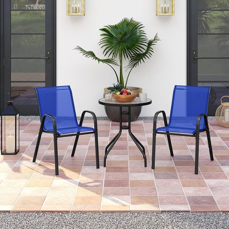 GOPLUS Salon de Jardin Extérieur 2 Personnes avec 2 Fauteuils et Table Basse, Salon de Balcon avec Plateau en Verre Trempé, Cadre Métallique, Table et Chaises d'Extérieur pour Terrasse (Blue) (1/5)