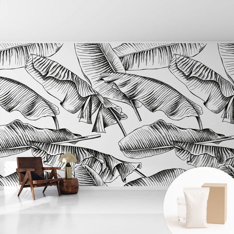 Papier peint intissé mural pour salon chambre à coucher tendance et originale - Colle incluse gratuite Feuilles de bananier 416x254 cm (1/5)
