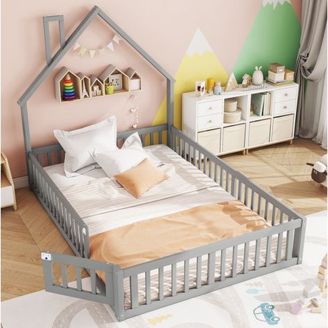 Lit enfant en pin et MDF gris 140x190 cm avec sommier à lattes et barrières de sécurité (1/5)