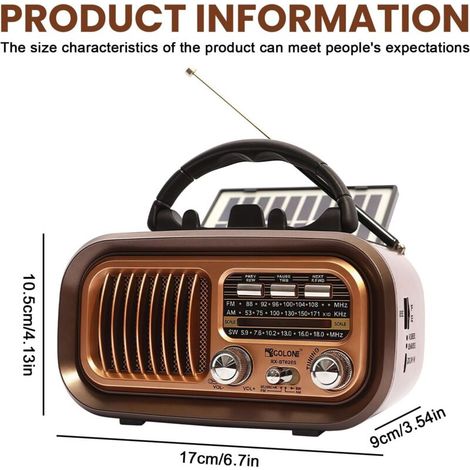 Radio rétro avec Bluetooth : radio AM/FM/SW, nostalgie Ra Radio avec fonction de charge solaire + haut-parleur 5 W, système multimédia portable pour la maison, l'extérieur, le camping et les (1/4)