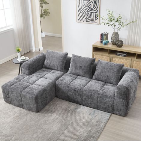 Sofá chaise longue modular con bolsillos laterales gris OKMYHOME (1/5)