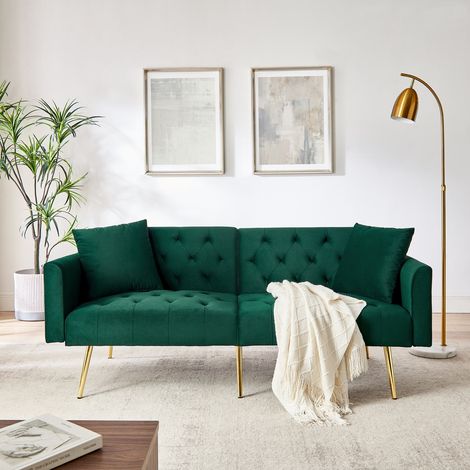 Canapé 2 places en velours vert avec dossier réglable 3 positions, coussins inclus et pieds métal (1/5)