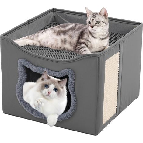 Maison pour Chat Pliable à Double Couche avec Arbre à Chat, Matériau résistant aux Rayures, Lit d'intérieur Lavable, 41 x 41 x 35 cm (1/5)