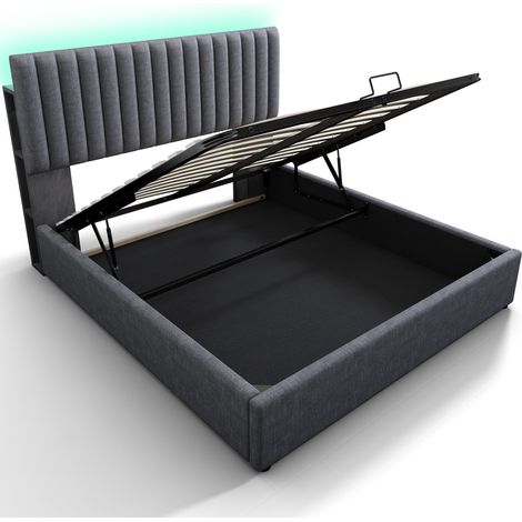Cama doble tapizada 140 x 200 cm gris con almacenaje, LED y puertos USB Type C (1/5)