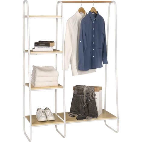 Woltu – Porte-manteau en métal et MDF avec 4 étagères de rangement – Dimensions 102x40x150 cm – Couleur blanc et chêne clair – Capacité de charge 20 kg (1/5)