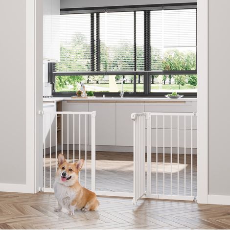 Barra de seguridad para perros 74-147,5 cm, sin taladro, metal blanco, 3 extensiones OKMYHOME (1/5)