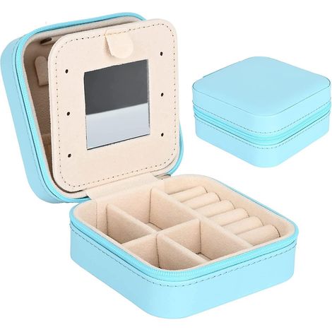mini Bote  Bijoux Portable (bleu) - Bote  Bijoux De Voyage En Cuir Double Couche Avec Miroir - Pour Bagues, Boucles D'oreilles, Colliers, Bracelet (1/5)